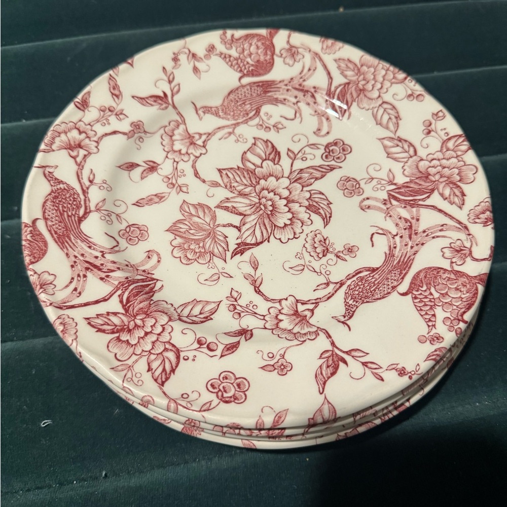 Set of 4 Vintage Biltons Transferware Peacock Plate Pink White 6.75"